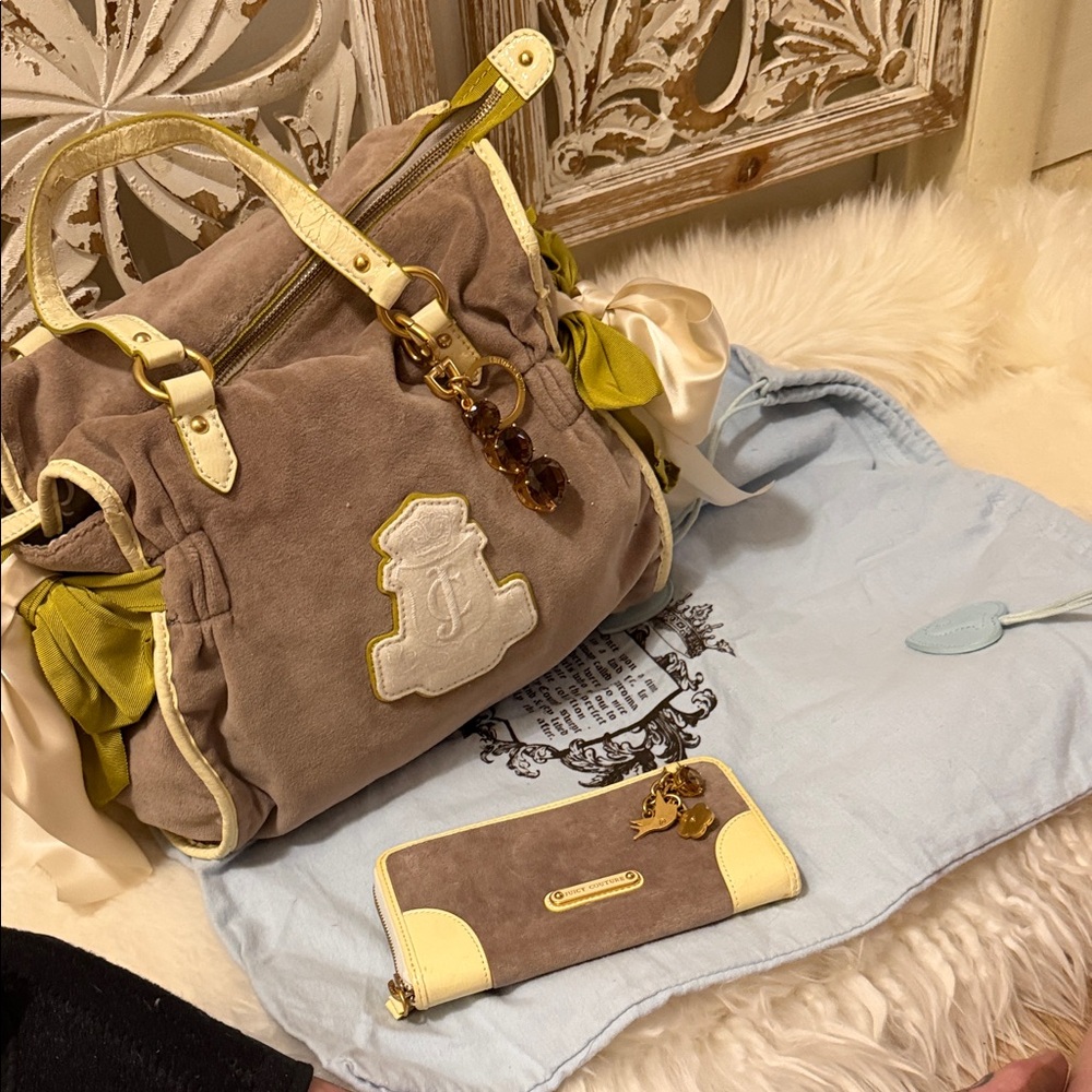 Juicy Couture Taupe Suede Shoulder Bag with Yellow Trim and Wallet